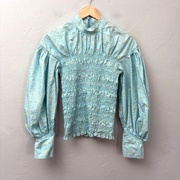 Ganni Tops - Ganni Smocked Floral Top Shirt Size 38 (US 6) Light Blue Long Sleeve Cotton Flaw